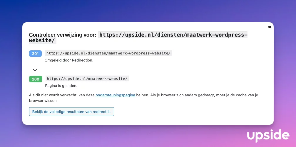 301 redirect controleren in WordPress testresultaten