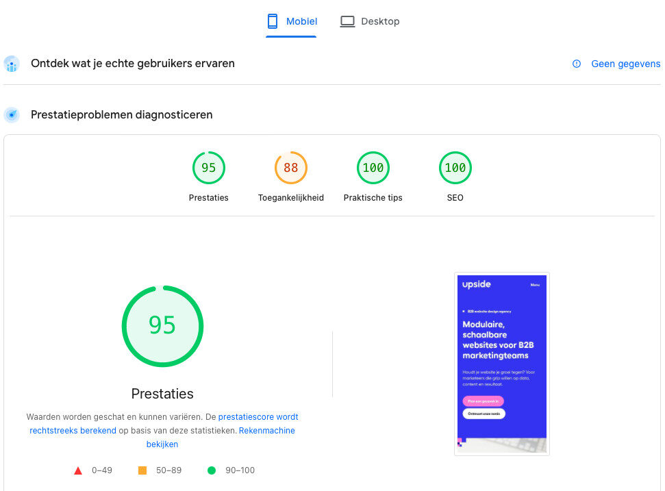 Core Web Vitals van de Upside website